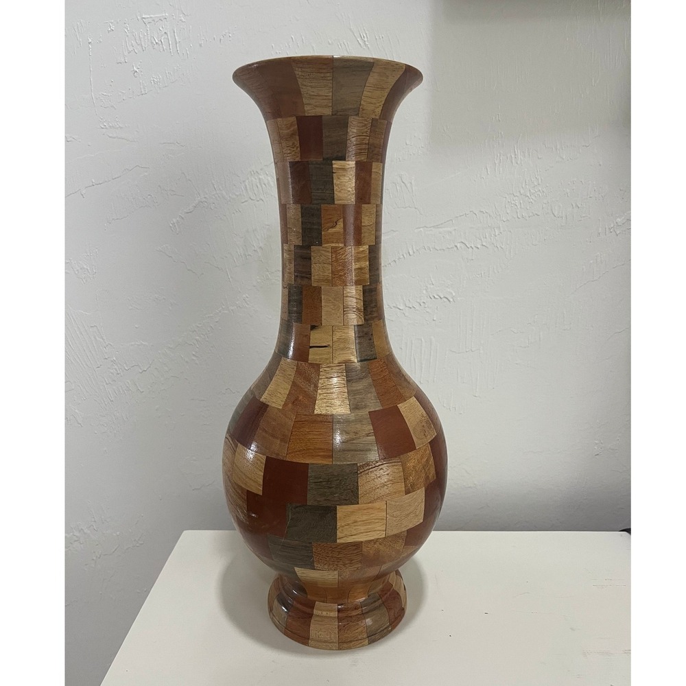 Unbranded Segmented Precious Wood Vase‎ Unisex 16in Brown Patchwork Inlay Decor